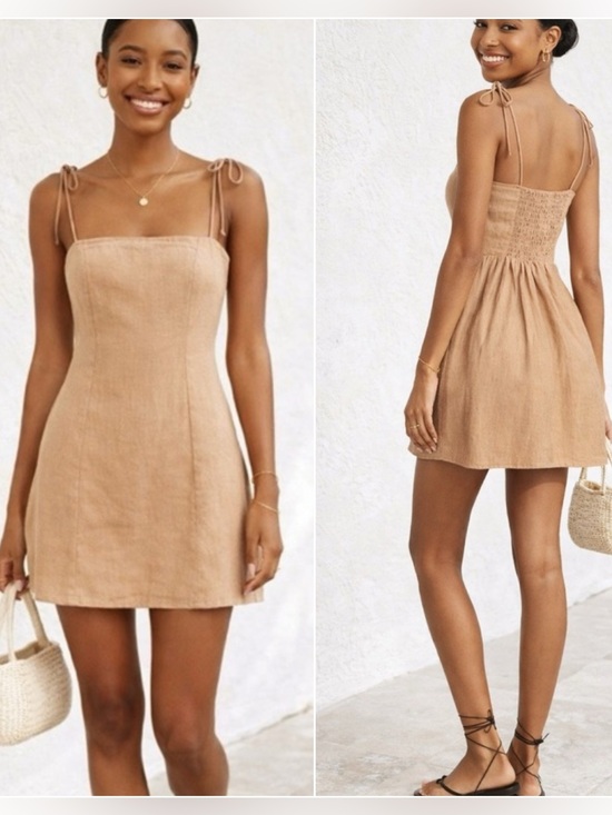 Faithfull the Brand Dresses & Skirts - Faithfull the Brand Ysla Linen Smocked Back Shoulder Tie Dress in Hazelnut Sz 6